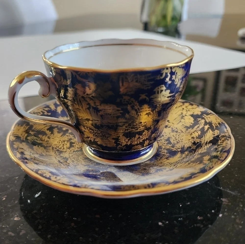Vintage Aynsley Cobalt Blue and Gold Teacup and Saucer, England